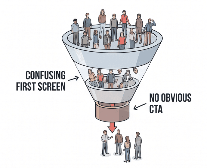 A funnel diagram: a crowd of visitors at the wide top, far fewer part-way down where an arrow is labelled “confusing first screen”, and only four people emerging at the bottom past an arrow labelled “no obvious CTA”.