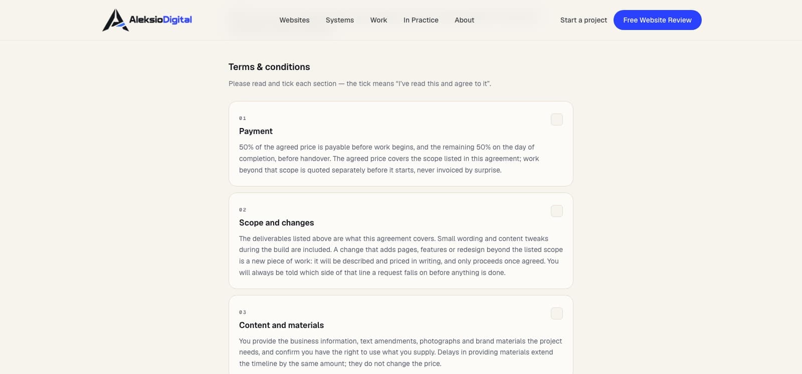 An Aleksio Digital project agreement open on screen — the scope, the price, and the terms sections each with a checkbox, ready to be signed.