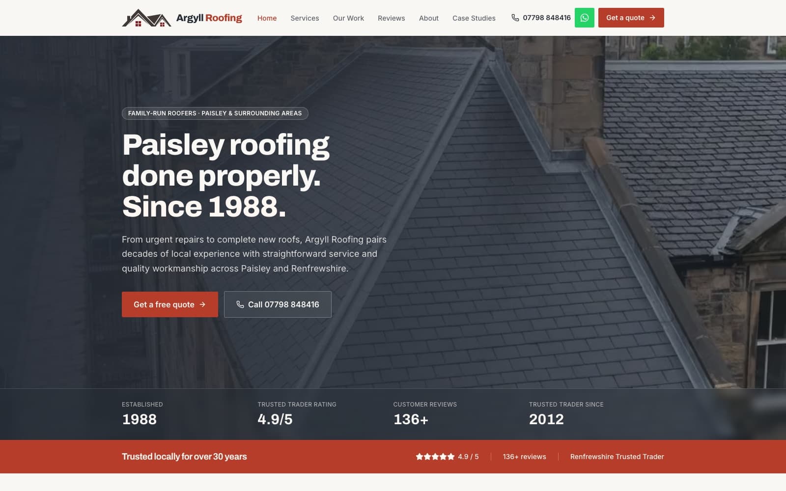 Argyll Roofing homepage with established-1988 stat band and quote call to action