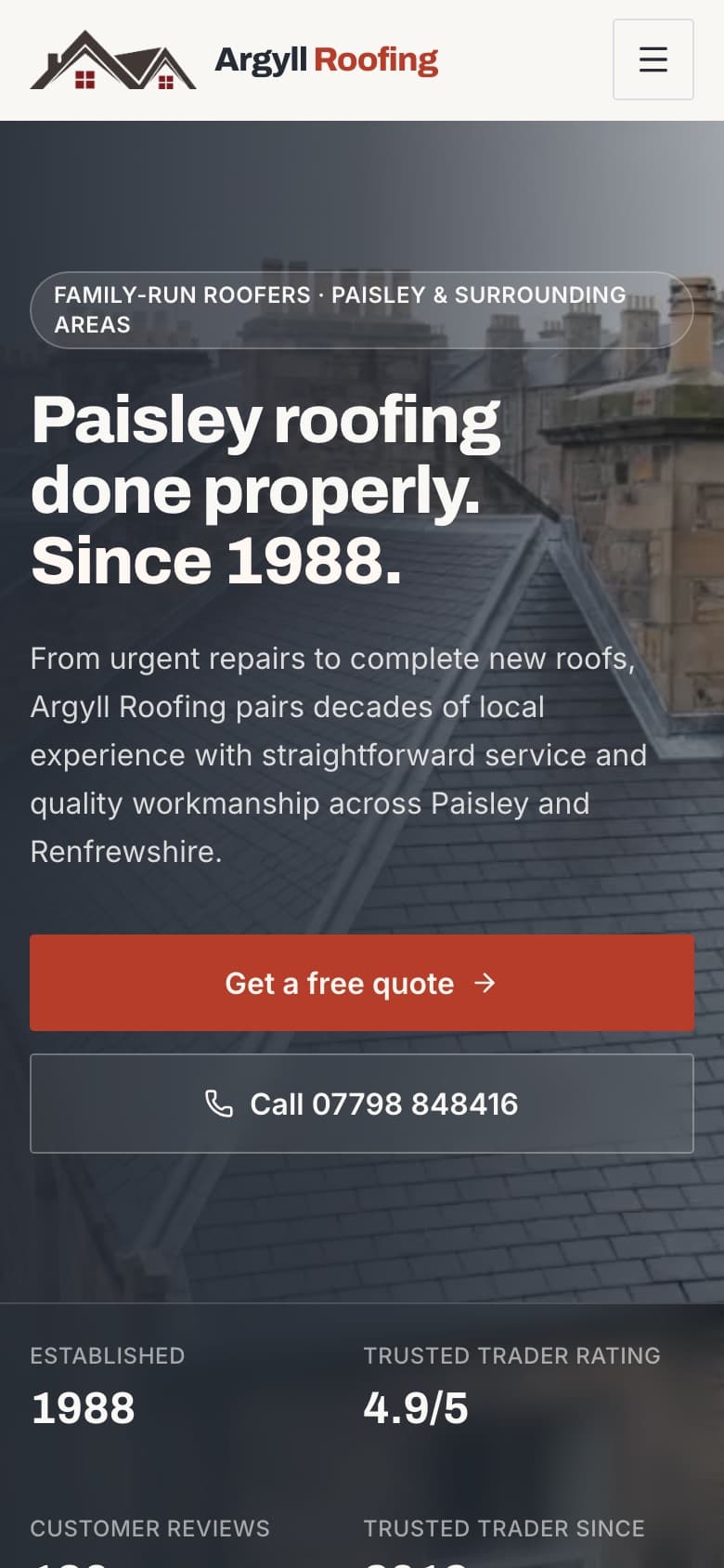 Argyll Roofing homepage on mobile