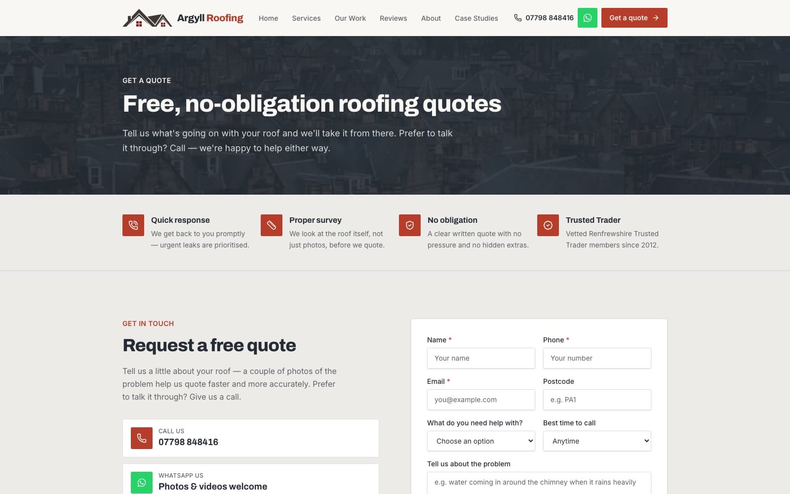 Quote page with structured form and reassurance strip