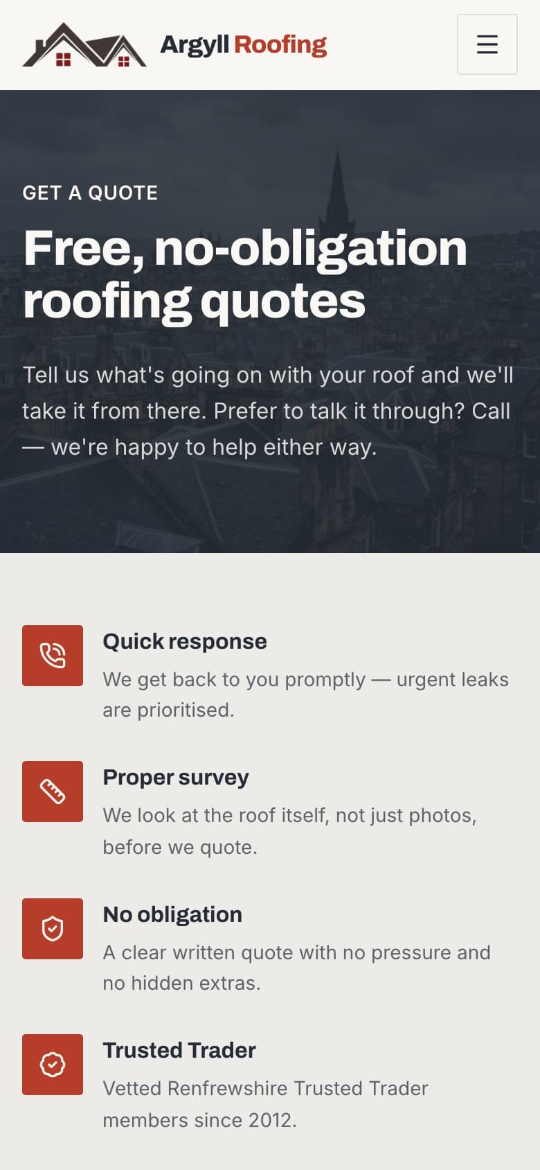 Quote page on mobile