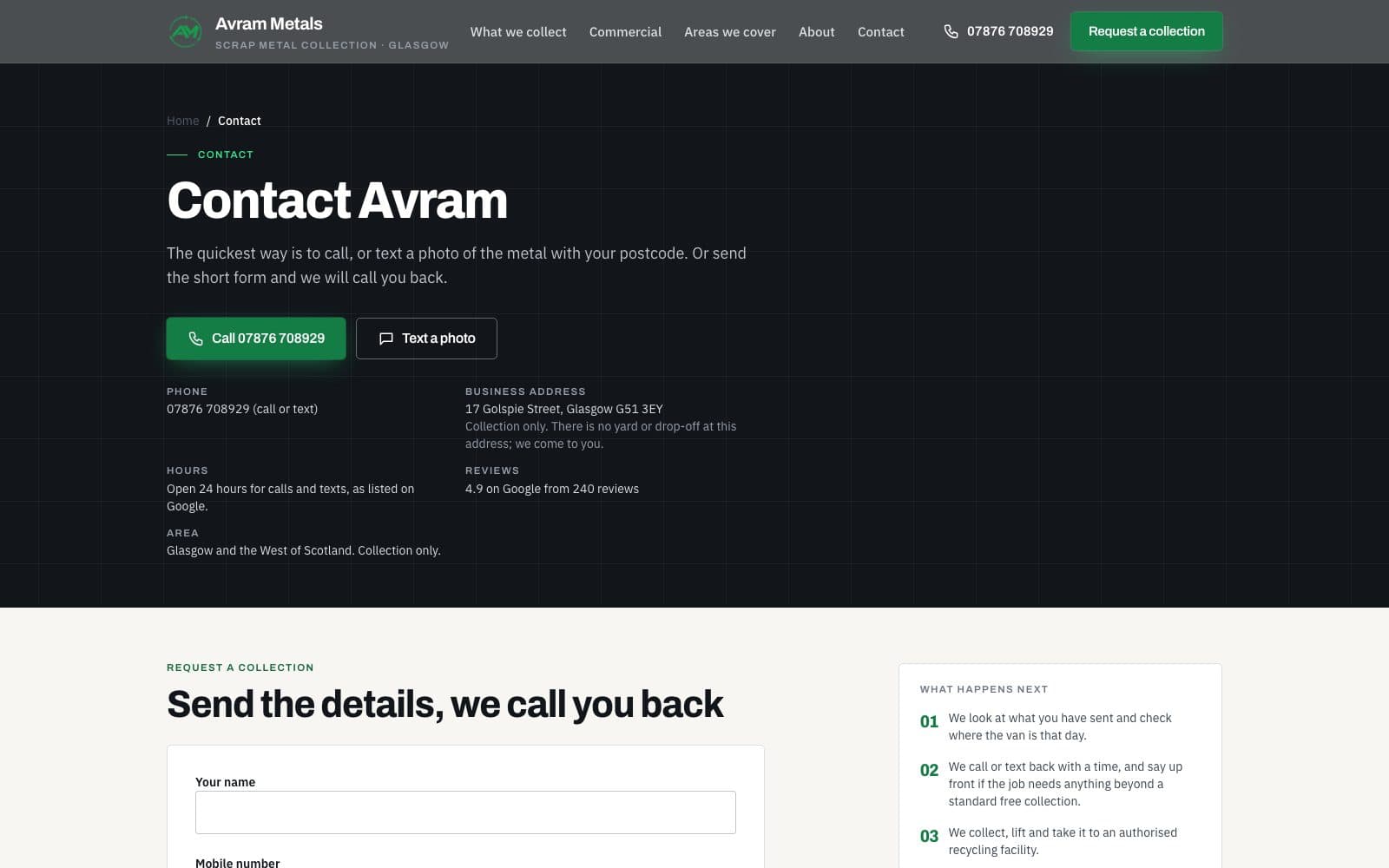 Contact page with the collection request form
