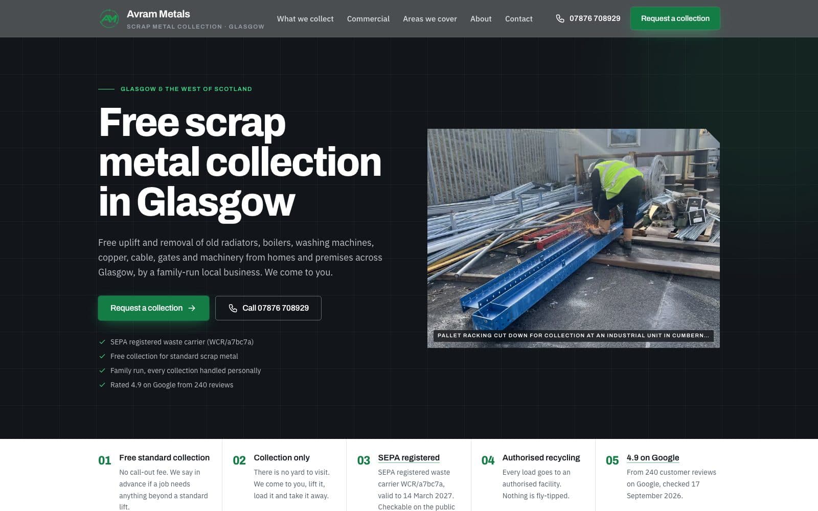 Avram Metals homepage with a real collection photograph and a request-a-collection button