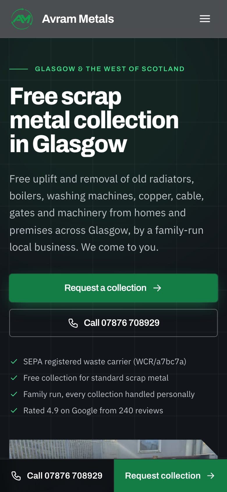Avram Metals homepage on a phone