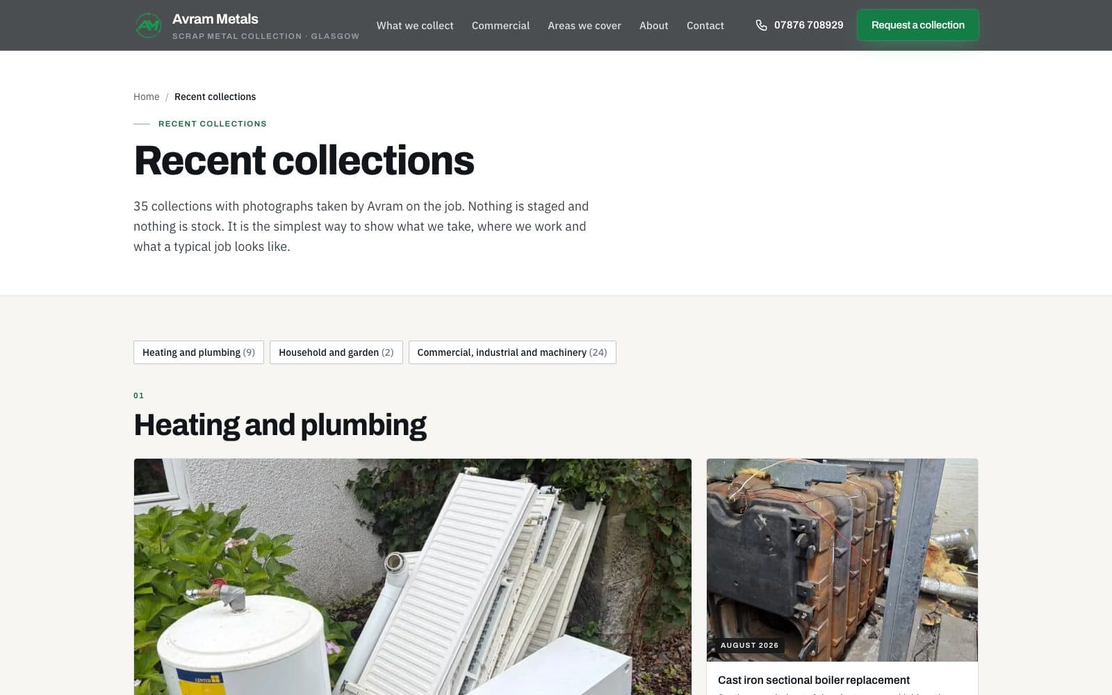 Recent collections page with photographed jobs