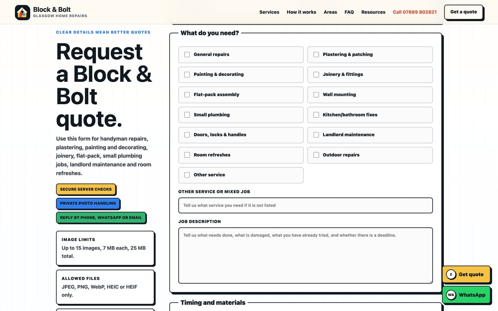 Block & Bolt quote builder, showing the service selection step