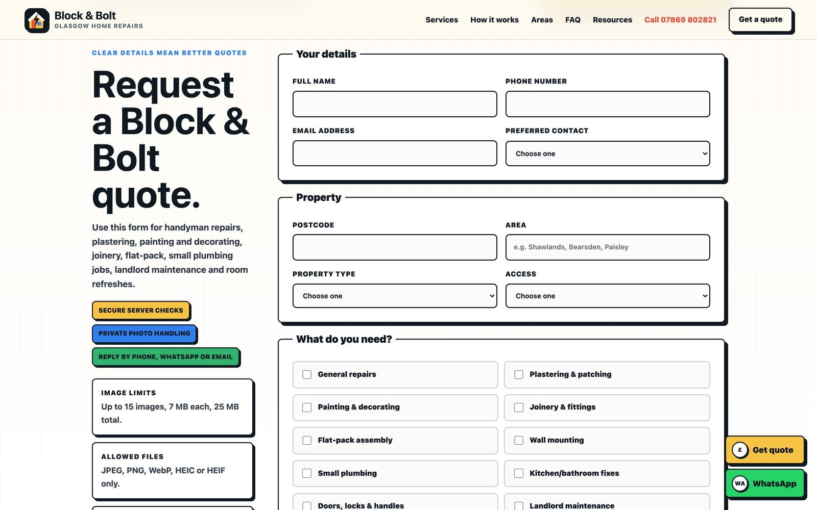 The first sections of the quote builder — contact details and property information