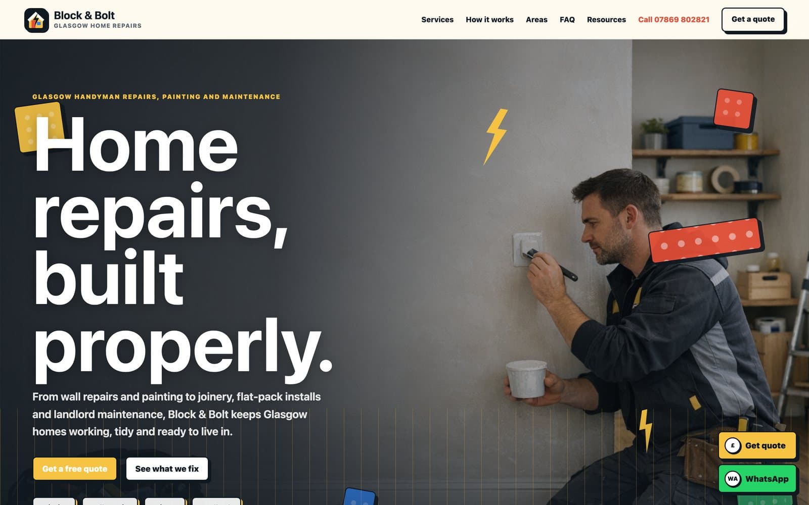 Block & Bolt homepage — “Home repairs, built properly.”