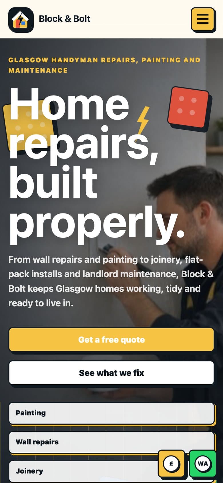 Block & Bolt homepage on mobile with quote and WhatsApp buttons pinned
