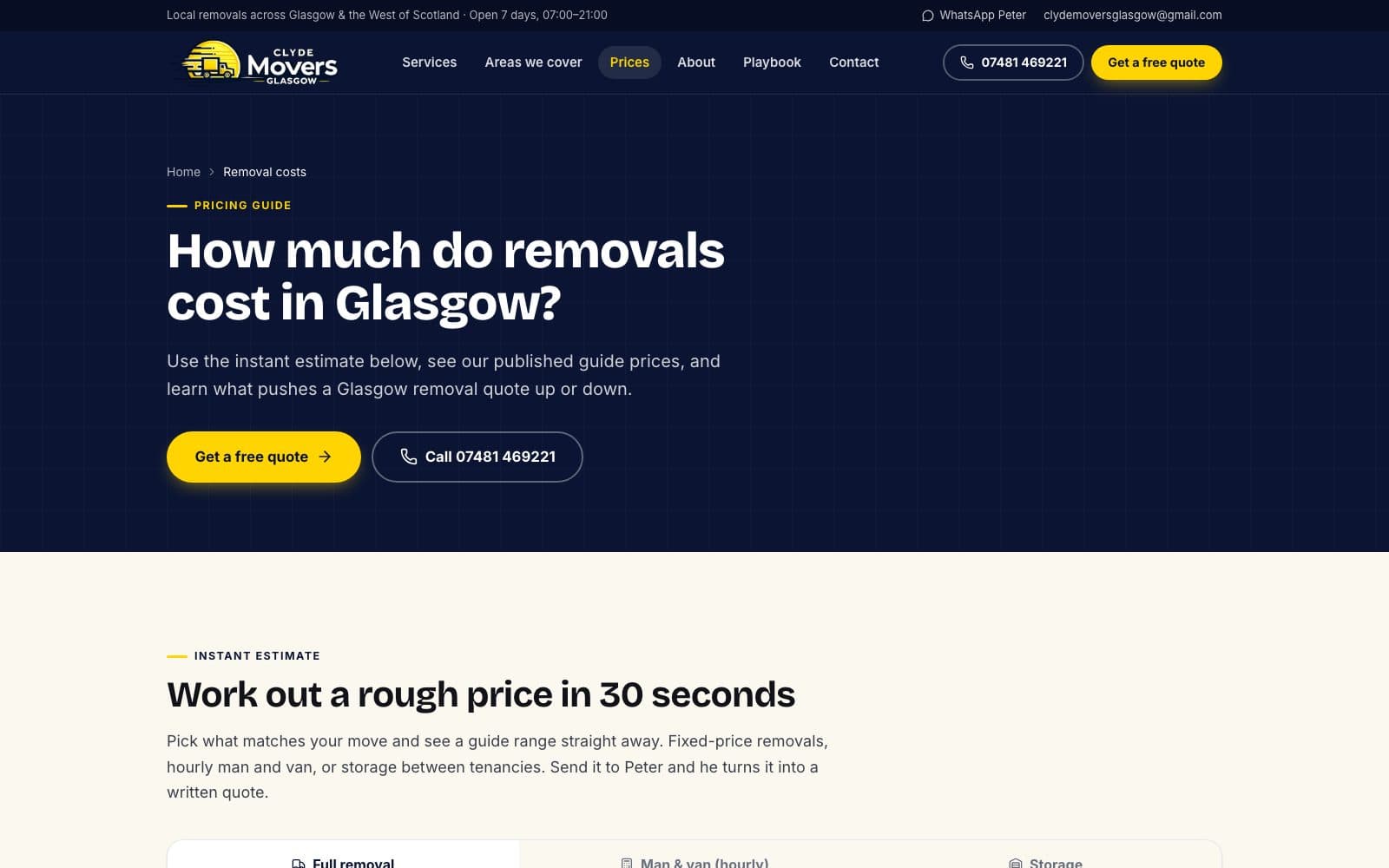 Removal costs page with the instant estimate calculator