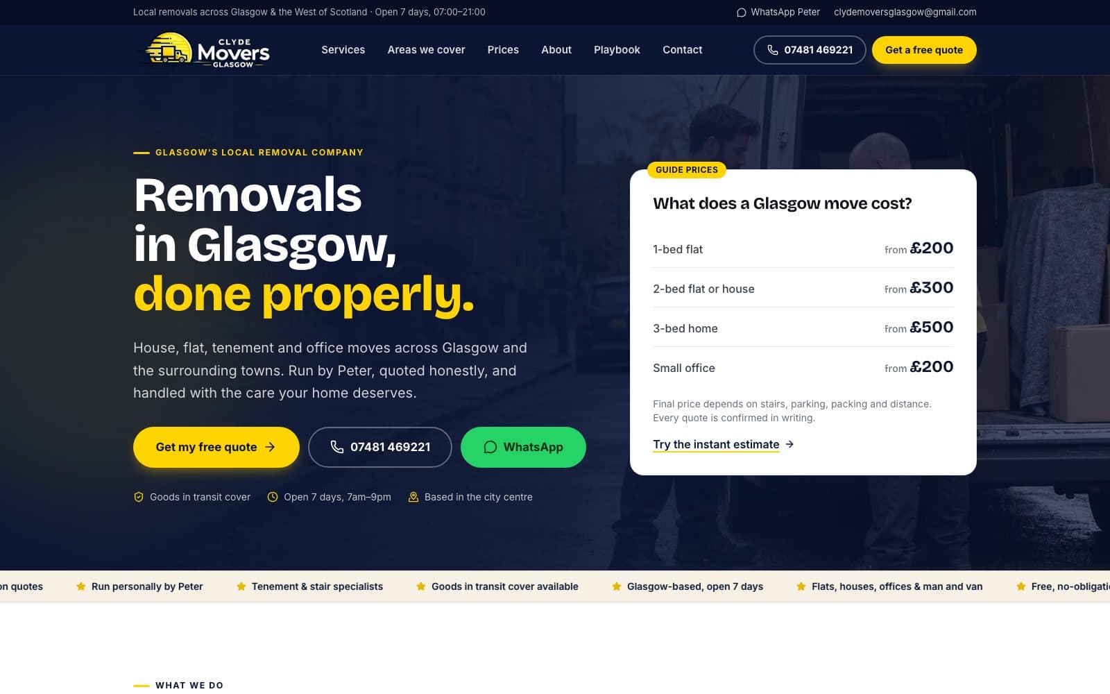 Clyde Movers homepage — removals in Glasgow, done properly, with guide prices on the first screen