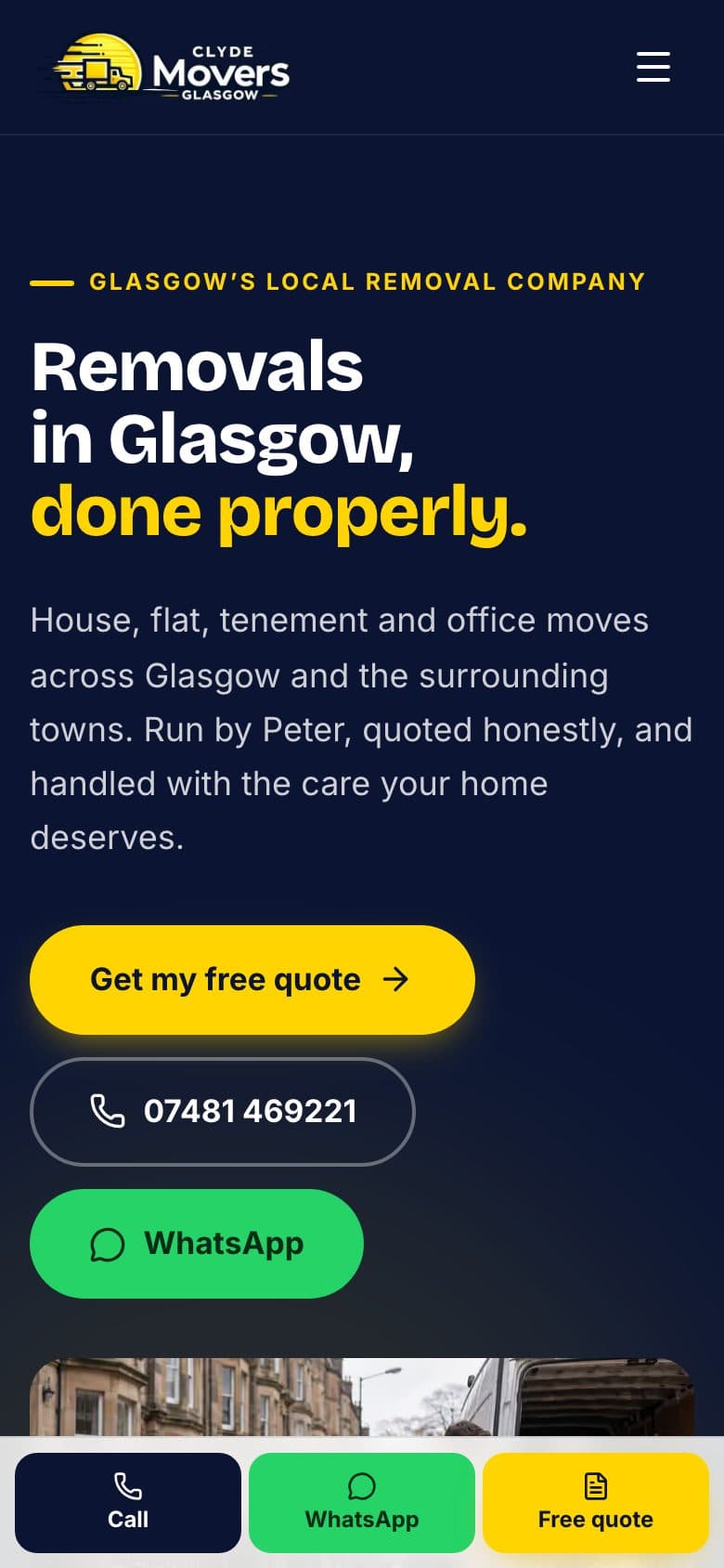 Clyde Movers homepage on a phone