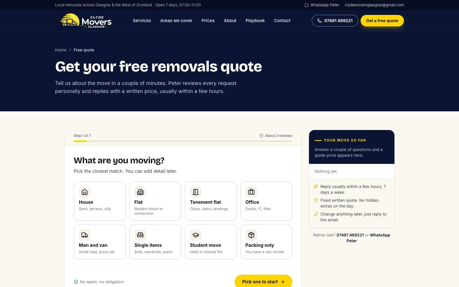 Quote wizard — step one, what are you moving