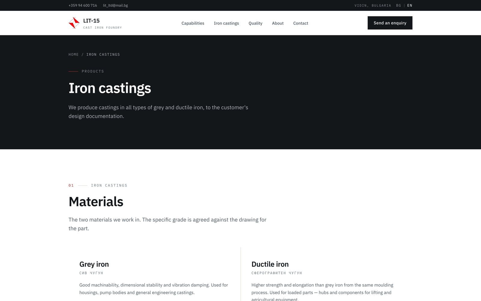 Iron castings page describing materials and the parts produced