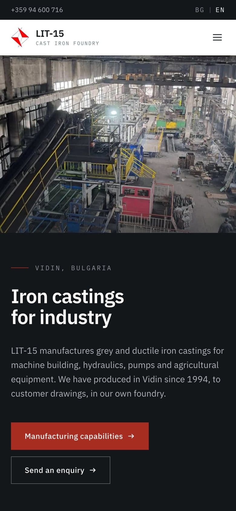 LIT-15 homepage on mobile, with the language switch and phone number in the top bar
