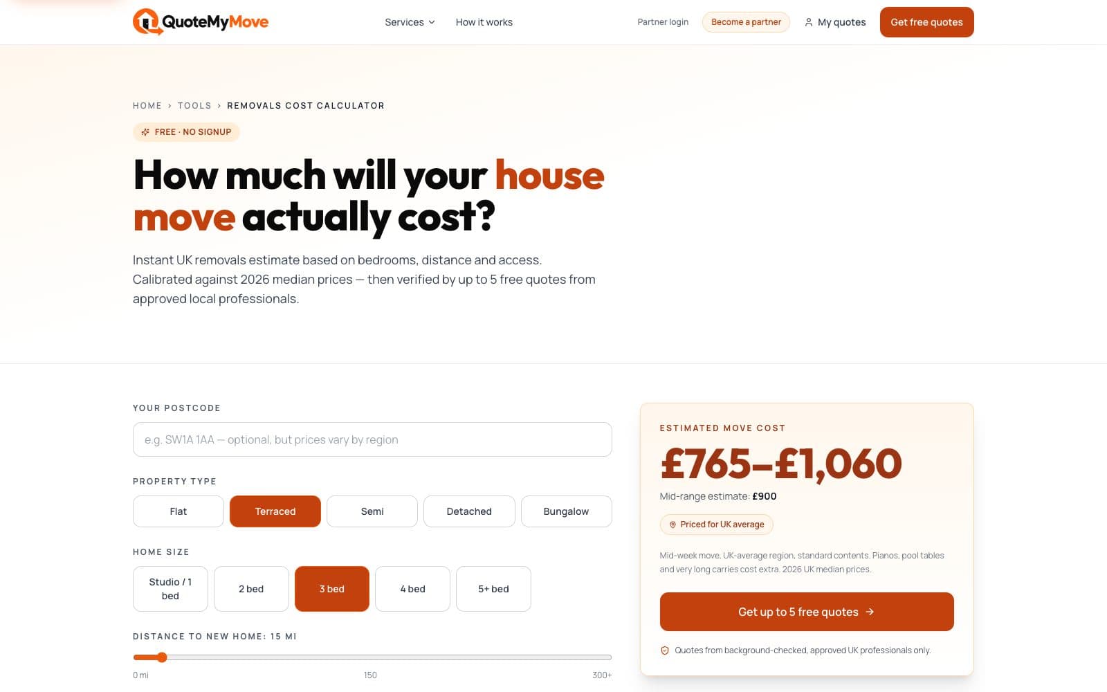 Removals cost calculator with property type, home size, distance and a live estimate panel