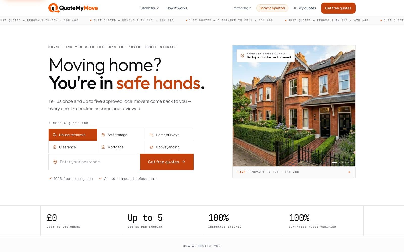 QuoteMyMove homepage with the six-service quote picker and live enquiry ticker