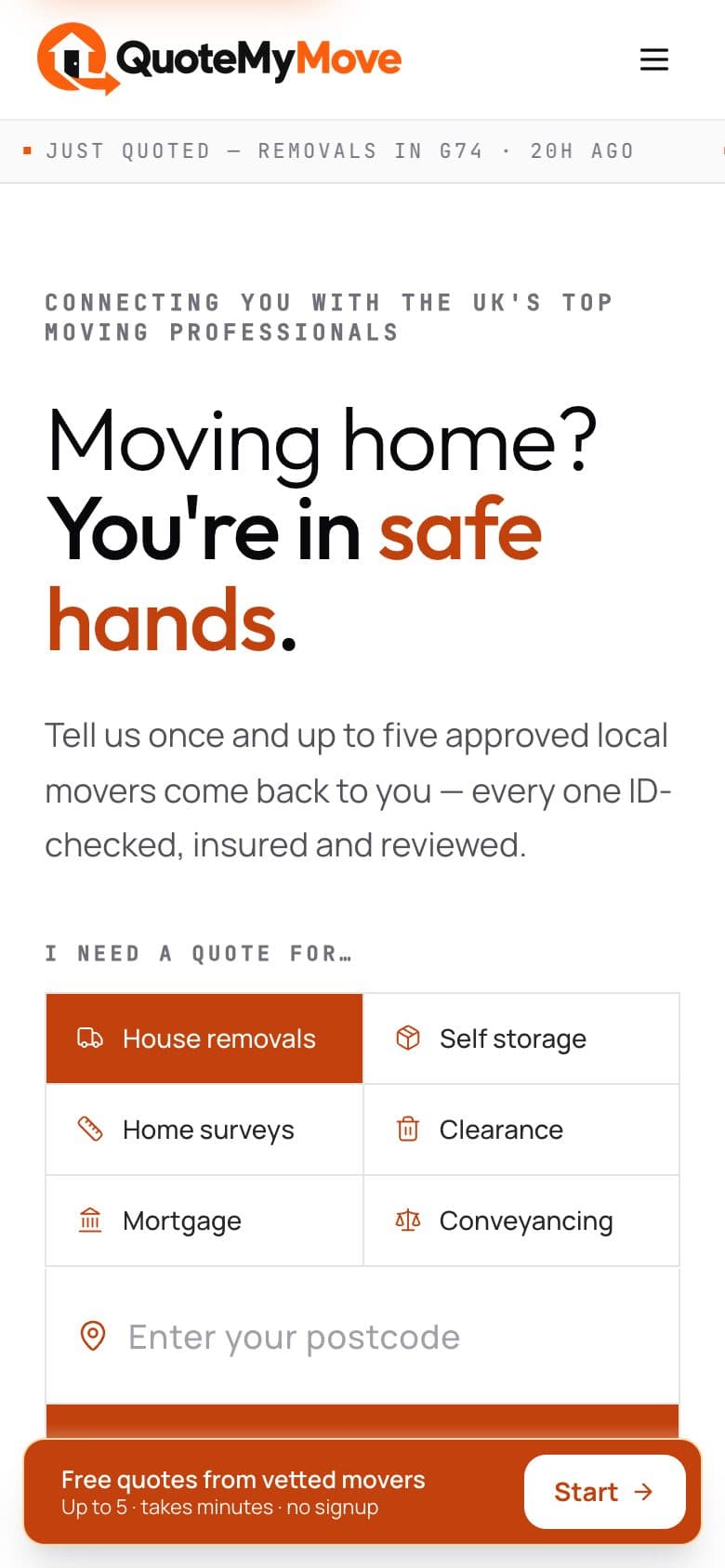QuoteMyMove homepage on mobile
