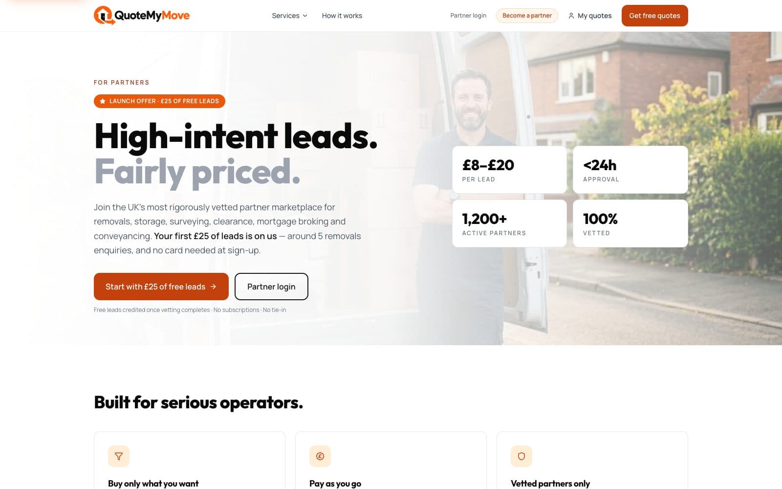 The partner side — pay-as-you-go leads, wallet top-ups and a four-step vetting process