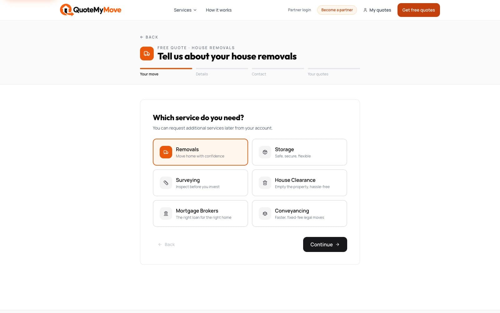 The quote wizard's first step — which service do you need — with progress stages above