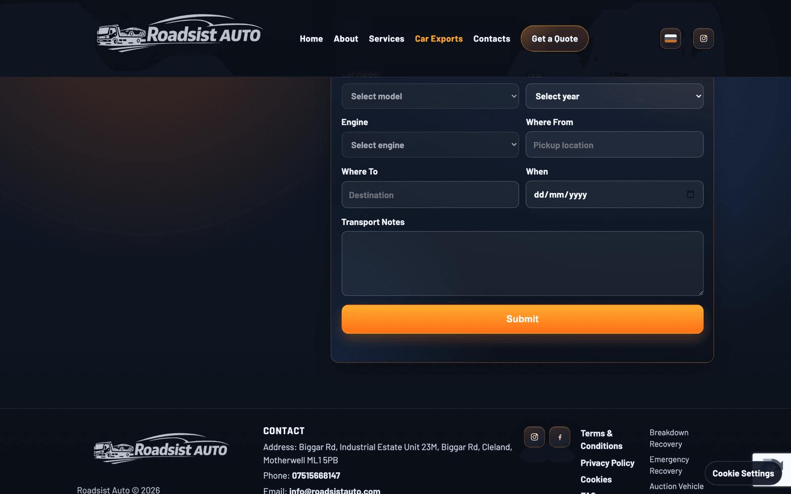 Vehicle export booking form with cascading fields