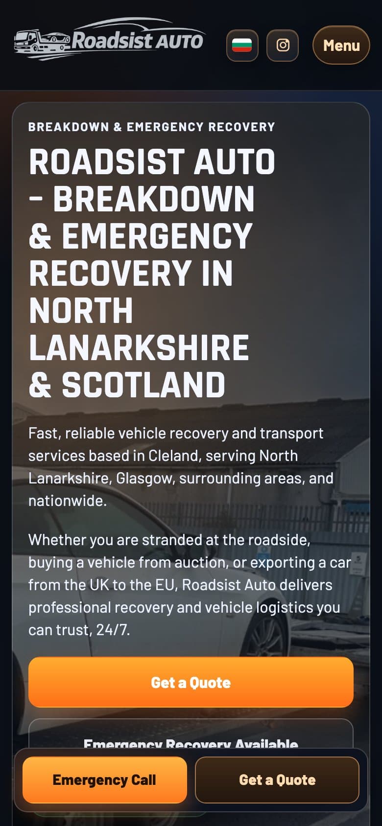 Roadsist Auto homepage on mobile with sticky emergency bar