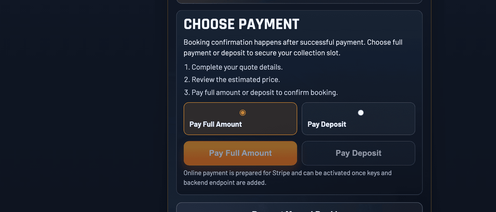 Payment section showing the Stripe activation disclosure