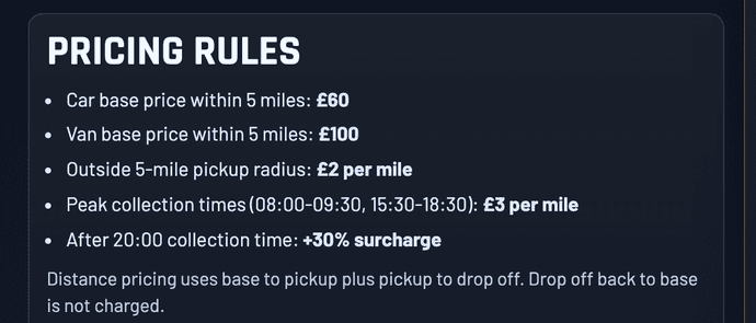 Roadsist Auto's stated pricing rules — base prices by vehicle type, per-mile rates beyond a five-mile radius, and peak-time surcharges.