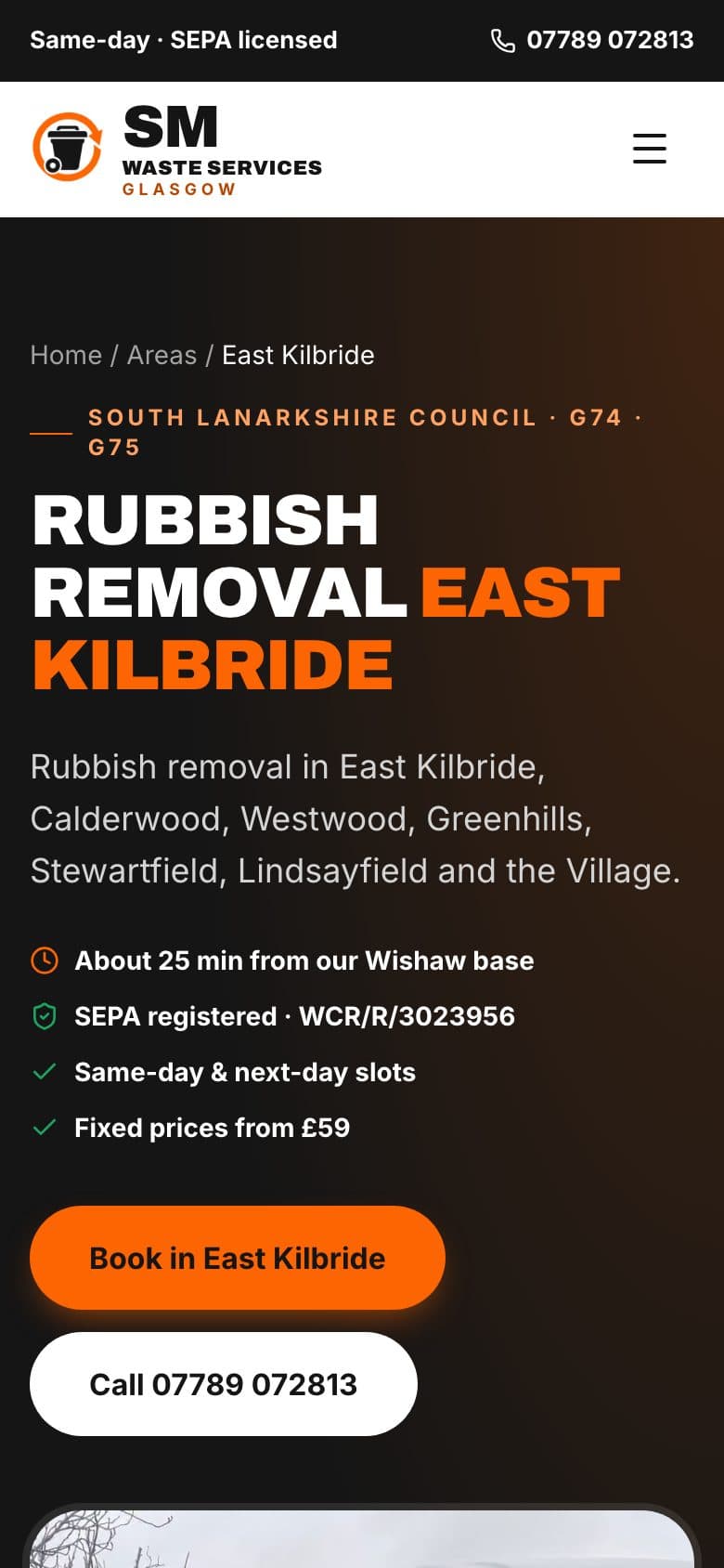 East Kilbride area page on a phone
