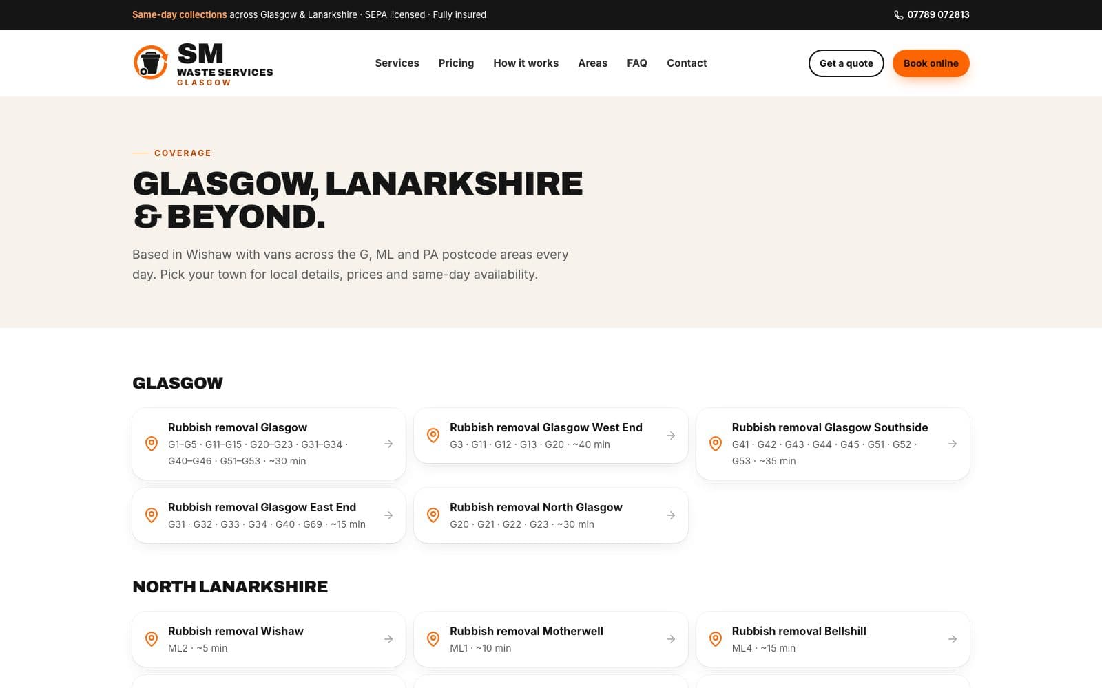 Areas we cover — thirty towns grouped by council with postcodes and drive times