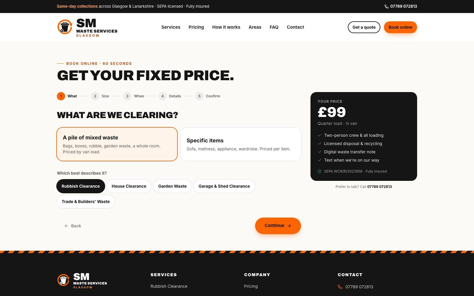 Booking flow — step one, what are we clearing, with the live price panel