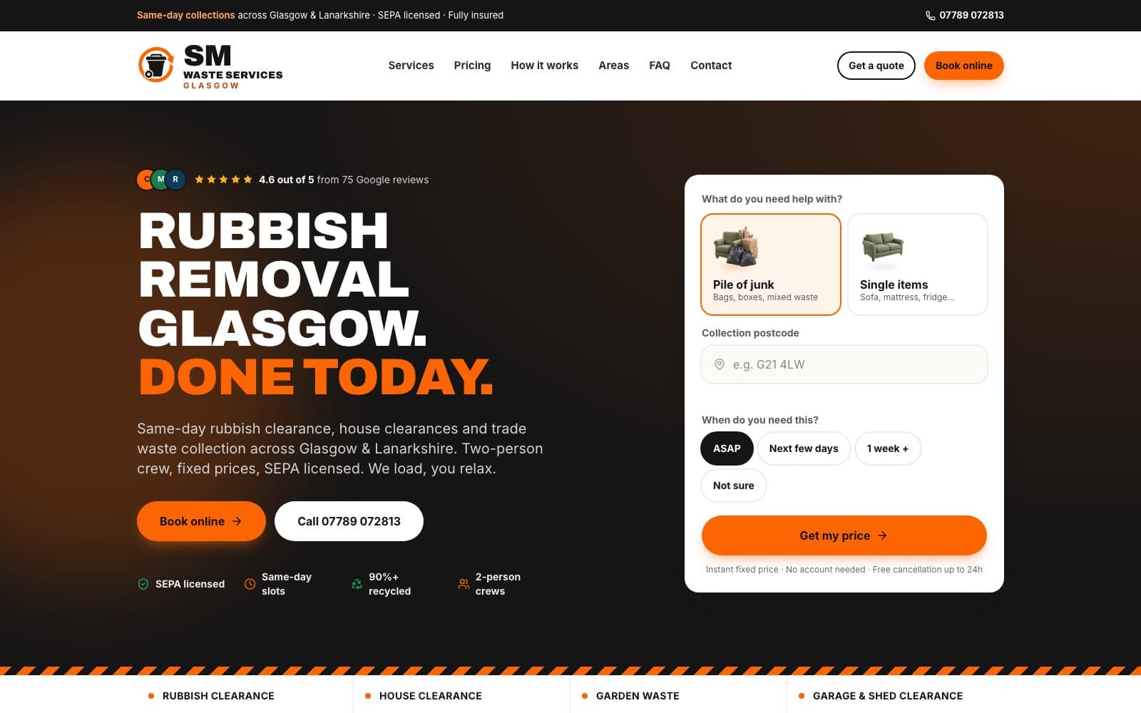 SM Waste Services homepage — rubbish removal Glasgow, done today, with the instant price widget on the first screen