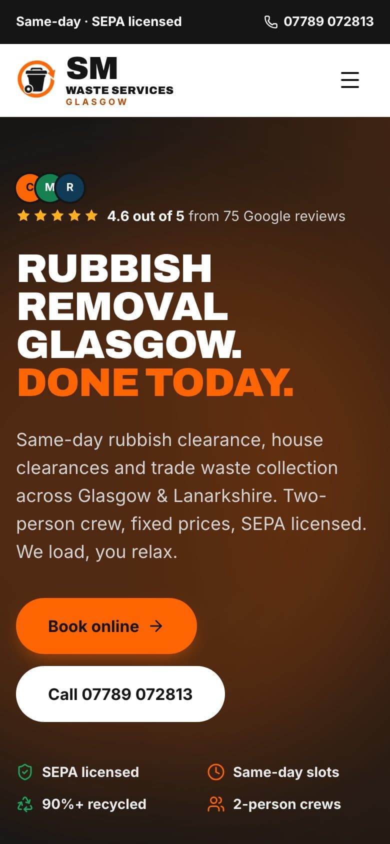 SM Waste Services homepage on a phone