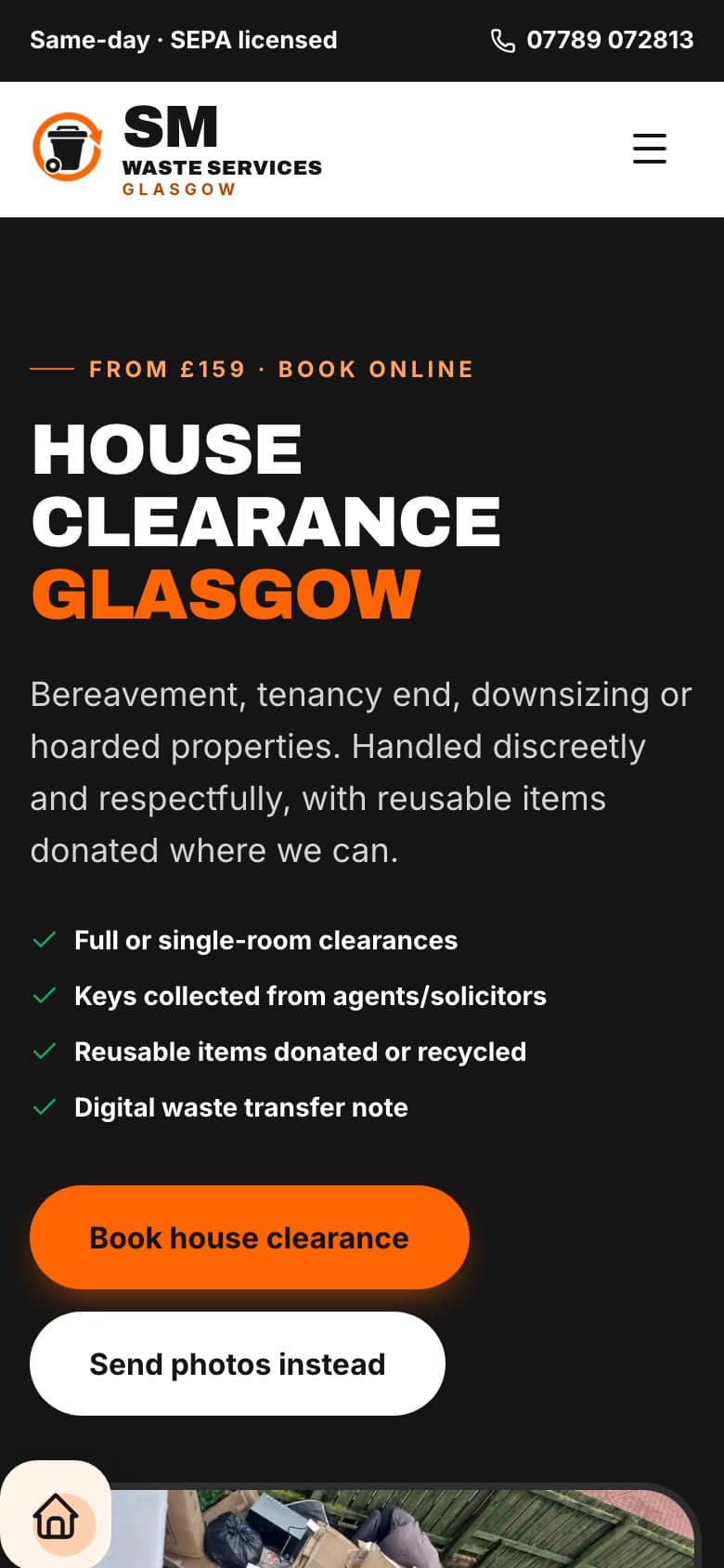 House clearance page on a phone