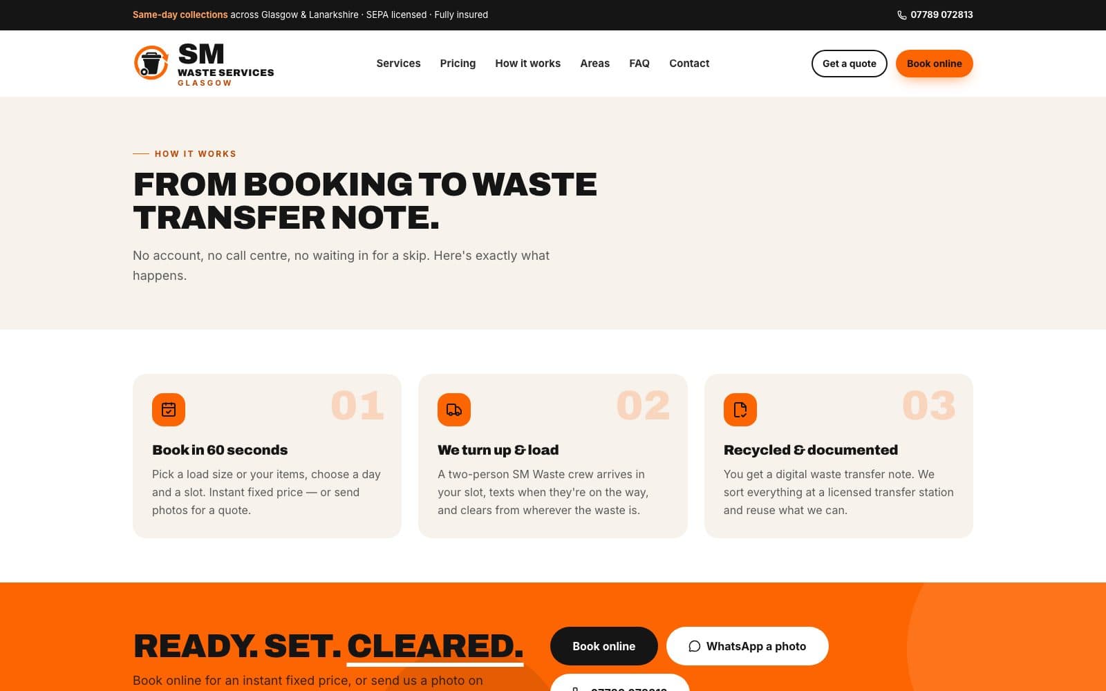 How it works page — book, we load, recycled with a waste transfer note