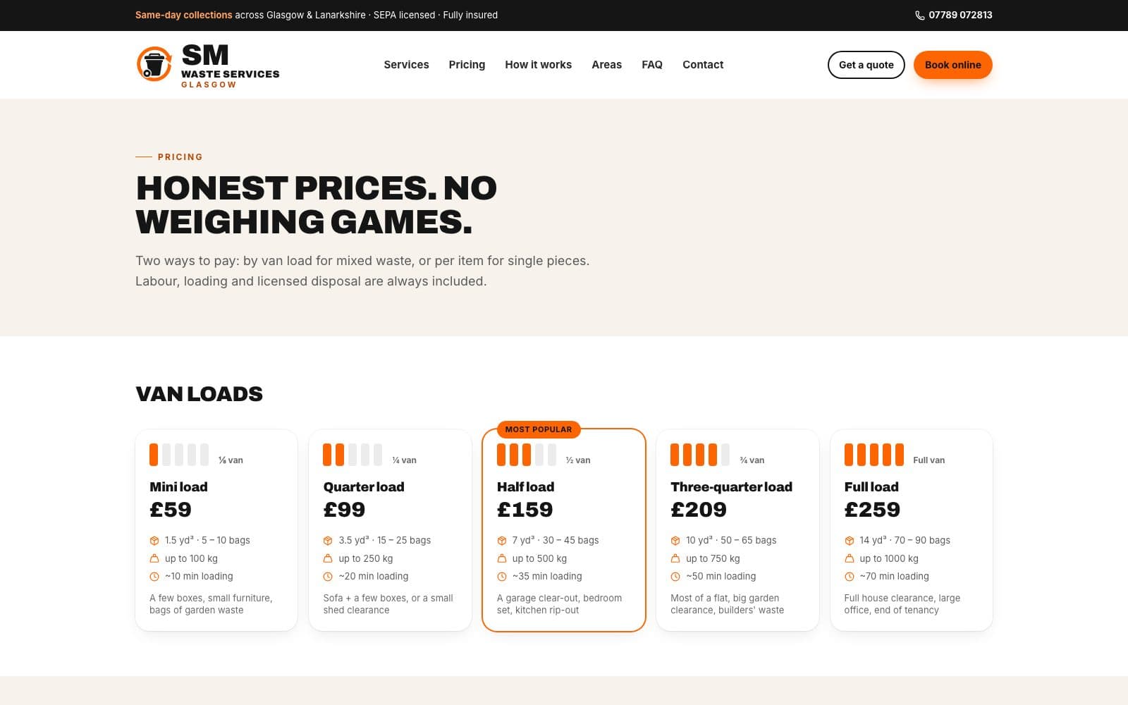 Pricing page — honest prices, no weighing games