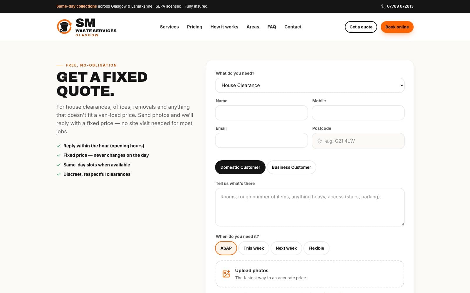 Quote page — get a fixed quote from photos