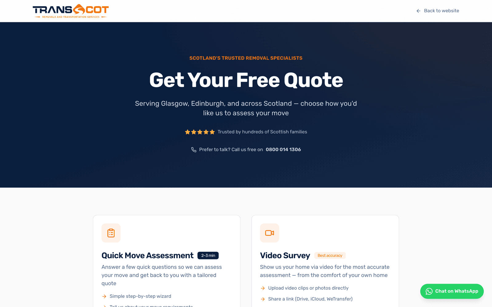 Quote application landing screen with two quote paths