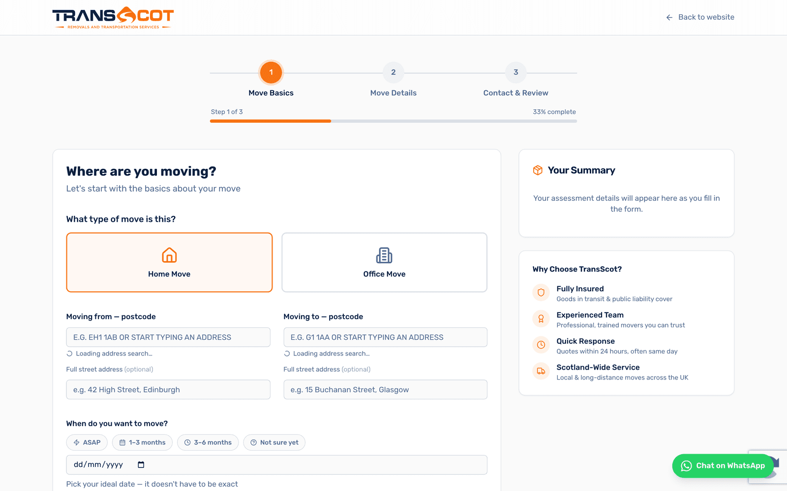 TransScot quote wizard, step one, with a live summary panel