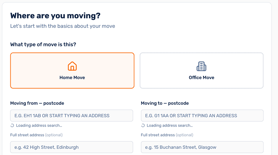 TransScot Removals' custom quote application: a three-step move assessment with move-type selection, postcode lookup and a live summary panel.