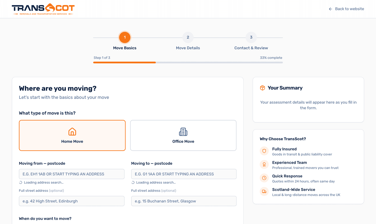 TransScot Removals' custom quote application: a three-step move assessment with move-type selection, postcode lookup and a live summary panel.