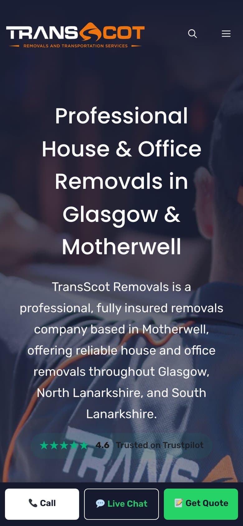 TransScot homepage on mobile with sticky action bar