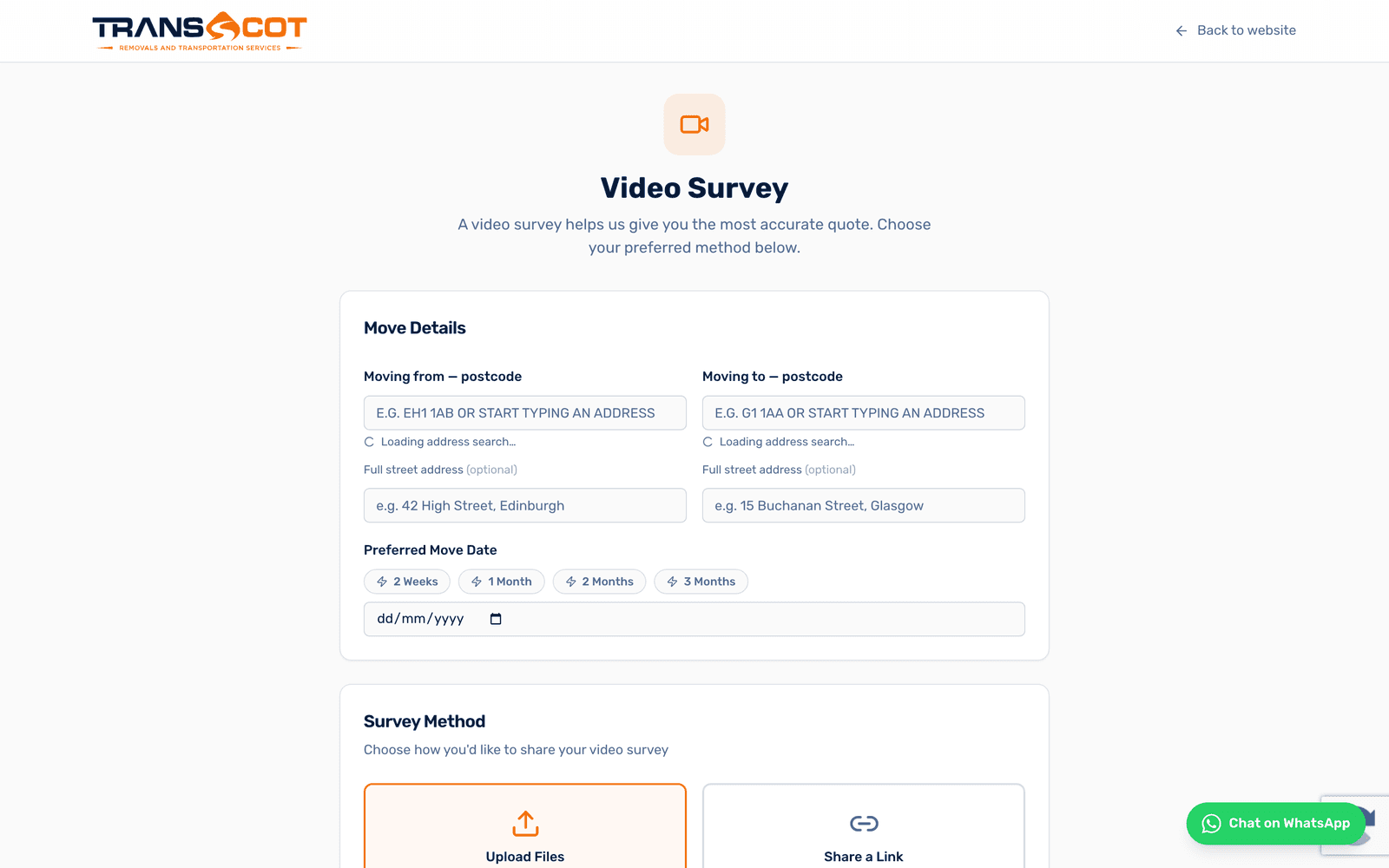 Video survey booking flow